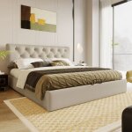 Lit coffre lit capitonn lit adulte 140 x 200 cm avec tte de lit rglable, gris clair, sans matelas