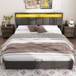 Lit coffre 160x200 cm lit adulte lit double 160x200 cm avec led et 2 tiroirs, t�te de lit de rangement, ...