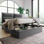 Lit coffre double avec sommier � lattes en m�tal et espace de rangement, velours, gris 140x200 cm(sans ...