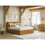 Lit coffre garance avec t�te de lit effet oreiller tissu bouclette 180x200 jaune - bobochic