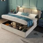 Lit coffre 160x200 cm - sommier en bois massif, tête de lit avec liseuse, port usb, lin, lit adulte capitonné ... Lit coffre 160x200 cm - sommier en bois massif, tête de lit avec liseuse, port usb, lin, lit adulte capitonné ...