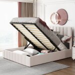 Modernluxe - lit coffre 140x200cm rembourr en velours avec sommier  lattes - beige