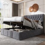 Lit coffre rembourré gris - lit en velours avec levier hydraulique - lit de rangement avec tête de lit, ... Lit coffre rembourré gris - lit en velours avec levier hydraulique - lit de rangement avec tête de lit, ...