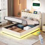Lit coffre rembourr led, avec sommier  lattes et tte de lit avec fonction chargement usb, tissu en ...