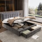 Redom - lit double 160 x 200cm, lit coffre avec tiroirs, sommier à lattes, tissu velours, gris Redom - lit double 160 x 200cm, lit coffre avec tiroirs, sommier à lattes, tissu velours, gris