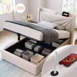 Modernluxe - lit coffre tissu en lin - avec port de charge usb - 90x200 cm - beige