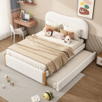 Lit gigogne 140�200 cm, lit double avec t�te de lit rembourr�e et montage r�versible, sans matelas, blanc ...