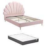 Lit coquillage 140 x 190 cm - velours - rose + matelas - livaya