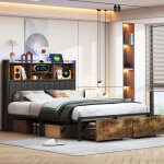 Lit double 140 x200cm , lit adulte avec 2 tiroirs, lit capitonn� avec �clairage led et chargement usb, ...