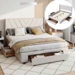 Lit double 140x190 cm, avec 3 tiroirs, motif en v, sommier � lattes en bois, cadre en m�tal, lit capitonn� ...