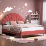 Lit double 140x190 cm - lit princesse avec tte de lit en forme de ptale, sommier  lattes, cadre de ...