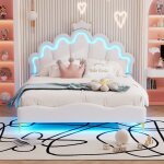 Lit double 140x200cm - avec t�te de lit princesse h�riti�re, avec barre lumineuse led r�glable, lit capitonn�, ...