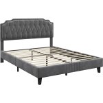 Yaheetech - lit double capitonne rglable en hauteur cadre de lit en bois avec sommier  lattes pieds ...
