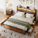 Lit 180x200 cm avec sommier, lit adulte avec rangement, avec 4 tiroirs, �clairage led, cadre en m�tal, ...