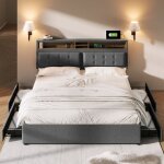 Redom - lit double 140x200 cm, avec 4 tiroirs et prise usb c, tte de lit rglable en hauteur, sommier ...