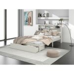 Lit adulte 140x200 cm lit double d'enfant avec tiroirs, �tag�re et biblioth�que, pour ados et adultes, ...
