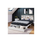 Lit double en bois massif avec tiroirs, sommier à lattes et étagère, pour adolescents et adultes 140x200cm ... Lit double en bois massif avec tiroirs, sommier à lattes et étagère, pour adolescents et adultes 140x200cm ...