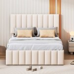 Lit double lit capitonné 140 x 200 cm avec lit gigogne et tiroirs, lin, beige Lit double lit capitonné 140 x 200 cm avec lit gigogne et tiroirs, lin, beige