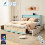 Dans les nuages ? lit double capitonn� 140x200 cm avec 4 tiroirs de rangement ? �clairage led t�l�command� ...