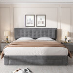 Lit double capitonn� 180 x 200 cm - coffre et tiroirs - sommier � lattes - grand rangement - velours ...