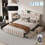 Lit double capitonn� 180x200 cm, tissu lin, avec �clairage led, 4 tiroirs, fonction chargement usb, lit ...