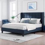 Lit capitonn� double, avec sa t�te de lit capitonn�e, sommier � lattes, 140x200cm, en tissu, bleu (sans ...
