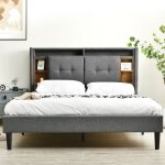 Lit double capitonn� avec t�te de lit de rangement, led, matelas inclus, gris - 160 x 200 cm, motif de ...