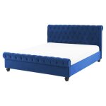 Lit double chesterfield en velours bleu 160 x 200 cm confortable avec tendance glamour pour chambre moderne ...