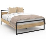 Idmarket - lit double industriel detroit avec tte de lit et sommier 140 x 190 cm bois et mtal noir