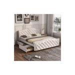 Lit double rembourr 140 x 200cm, avec sommier  lattes, 2 tiroirs et tte de lit, bois & simili cuir ...