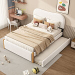 Lit double rembourr� 140x200 cm lit enfant avec lit gigogne pratique, en peluche + mdf, blanc, sans matelas ...