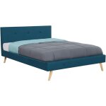 Idmarket - lit double scandinave oslo avec tte de lit et sommier 160 x 200 cm tissu bleu canard