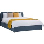 Rendez - vous d�co ? lit double coffre 140x190 cm en tissu bleu ? t�te de lit rembourr�e ? pieds en h�v�a ...