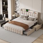 Lit double avec tiroirs 180x200 cm, chargement usb, t�te de lit �clair�e led, avec 4 tiroirs, linge, ...