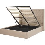 Lit double en velours beige 160 x 200 cm avec haute t�te de lit au style chesterfield et rangement pour ...