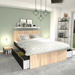 Le quai des affaires - lit double zenia 140x190 + 2 chevets + 2 tiroirs / d�cor ch�ne blanchi & noir ...