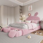 Lit enfant 140x200 cm rembourr� en velours - oreille de lapin avec led r�glable - avec 2 tabourets de ...
