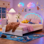 Lit enfant 140x200 cm avec sommier led - lit fille avec 2 tiroirs - t�te de lit p�tale r�glable - lit ...