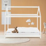 Lit d'enfants 70x140 cm avec toit et sommier en bois de pin massf, blanc, structure maison cabane simple ...