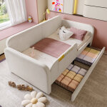 Lit enfant 90�200 cm, lit simple avec 2 tiroirs, 3 poches de rangement et barri�res, sans matelas, velours, ...