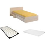 Lit enfant 90 x 190 cm avec 1 tiroir - coloris : naturel et blanc + sommier + matelas - iplia Lit enfant 90 x 190 cm avec 1 tiroir - coloris : naturel et blanc + sommier + matelas - iplia