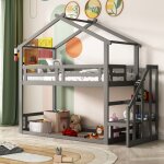 Lit mezzanine 90x200 cm lit enfant cabane avec toboggan et chelle de rangement et haute clture, en ...