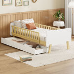 Lit simple 90x190 cm lit enfant avec 2 tiroirs et sommier � lattes, en bois massif, beige, sans matelas ...