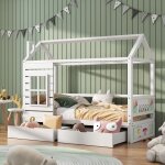 Lit d'enfant 90x200 cm avec fenêtre protection et deux tiroirs rangement, lit cabane enfant en bois pin ... Lit d'enfant 90x200 cm avec fenêtre protection et deux tiroirs rangement, lit cabane enfant en bois pin ...