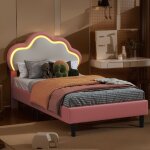 Lit enfant 90x200 cm, lit simple, t�te de lit en forme de nuage, capitonn� design contemporain, sommier ...