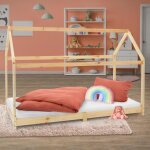 Lit d'enfants 90x200 cm avec toit et sommier en bois de pin massf, naturel, structure maison cabane jeu ...