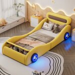 Modernluxe - lit enfant 90x200cm - lit rembourr� en forme de voiture avec avec roues lumineuses - jaune ...