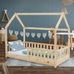 Ml - design lit cabane enfant 80x160 cm naturel en bois massif avec protection contre la chute, toit ... Ml - design lit cabane enfant 80x160 cm naturel en bois massif avec protection contre la chute, toit ...