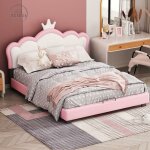 Lit enfant lit capitonn 140x200cm avec sommier  lattes et dossier, lit fille avec moulure couronne, ...