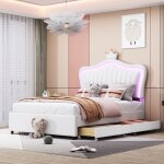Lit enfant capitonn� 90 x 200 cm, cadre de lit simple fille couronne blanche en cuir pu avec tiroirs ...